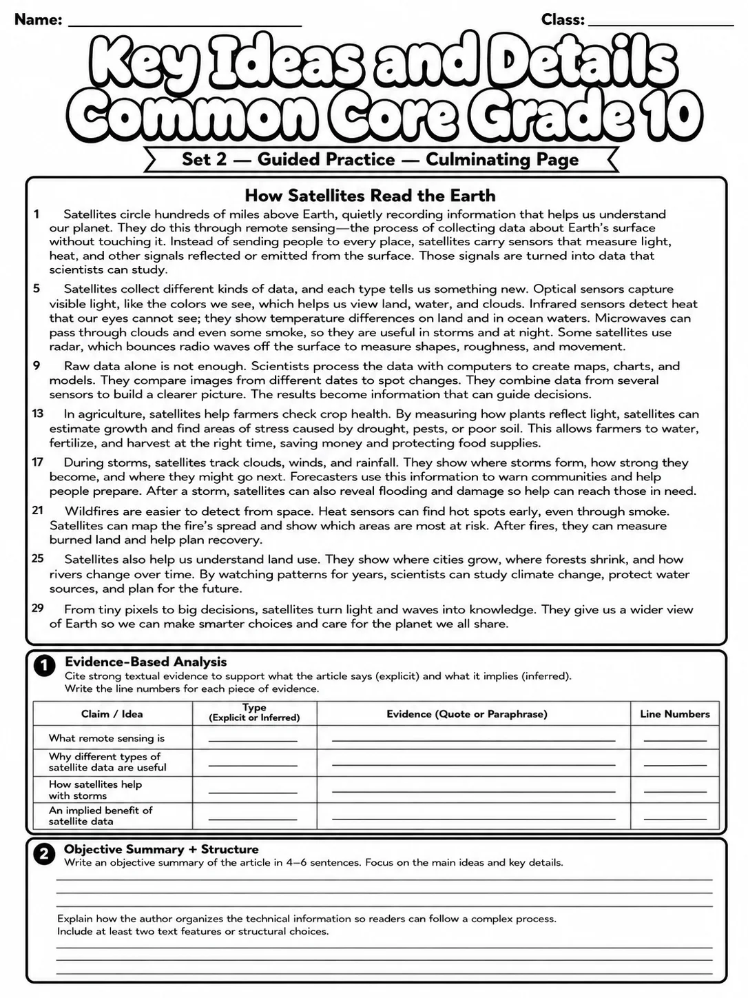 Key Ideas and Details Common Core Grade 10 page 6 printable Common Core ELA worksheet preview