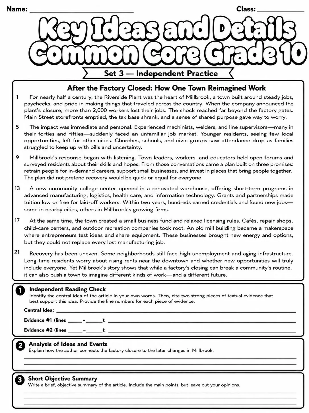 Key Ideas and Details Common Core Grade 10 page 7 printable Common Core ELA worksheet preview