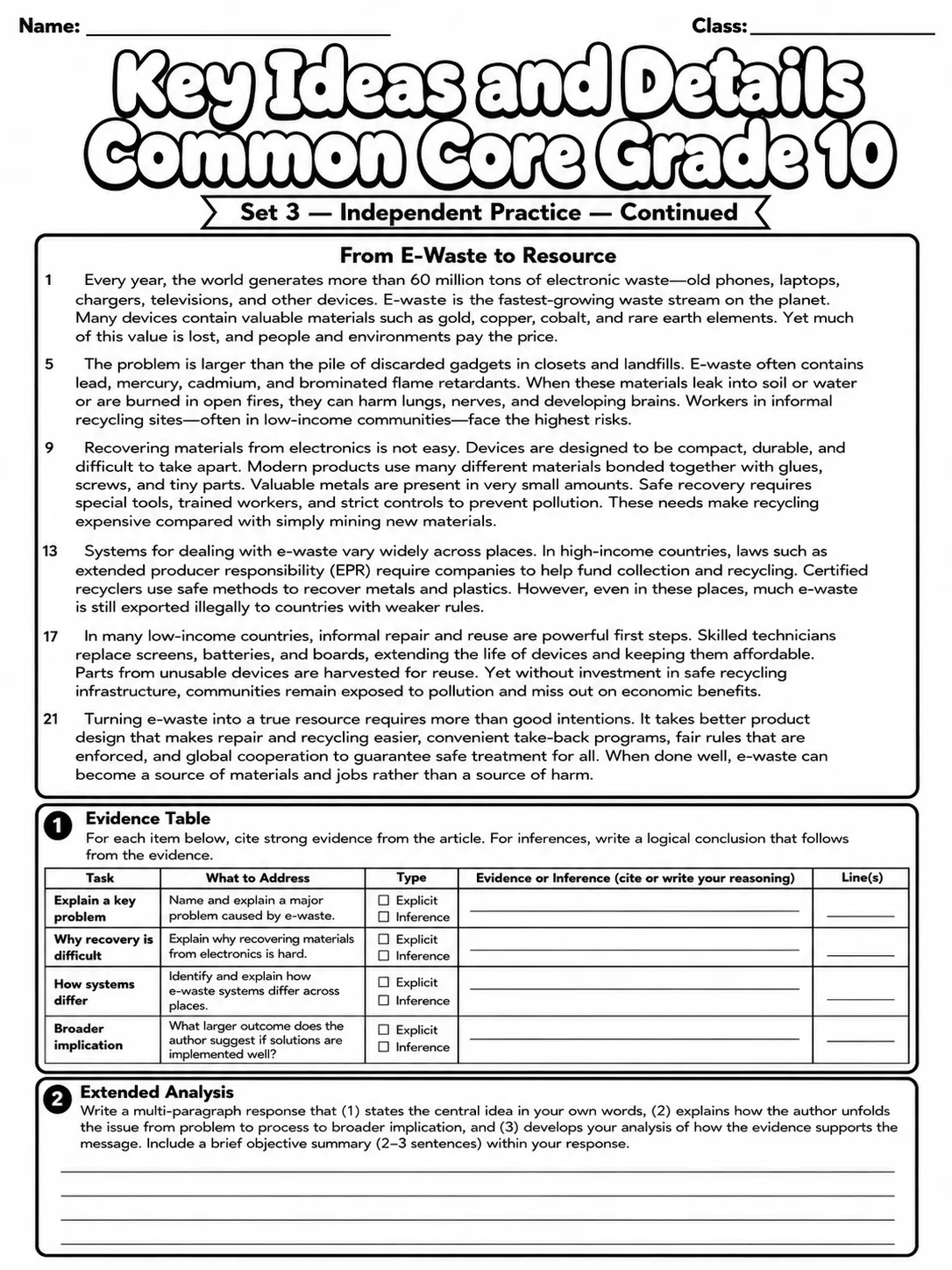Key Ideas and Details Common Core Grade 10 page 9 printable Common Core ELA worksheet preview
