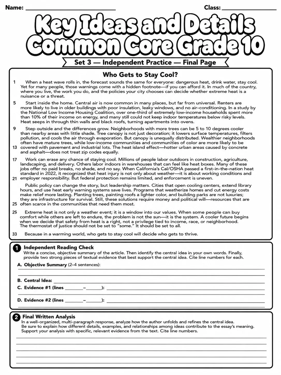Key Ideas and Details Common Core Grade 10 page 10 printable Common Core ELA worksheet preview
