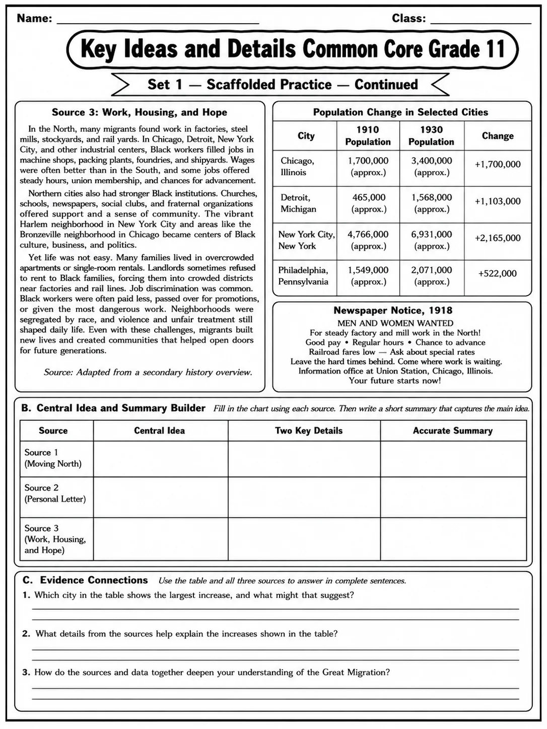 Key Ideas and Details Common Core Grade 11 page 2 printable Common Core ELA worksheet preview