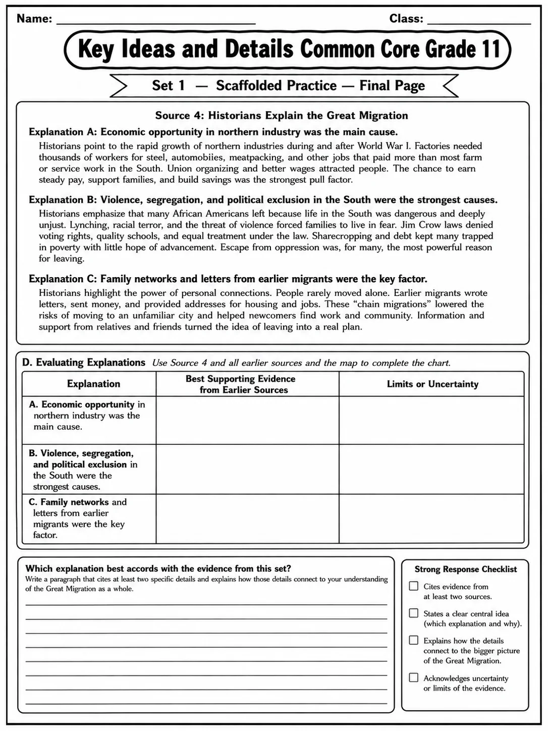 Key Ideas and Details Common Core Grade 11 page 3 printable Common Core ELA worksheet preview