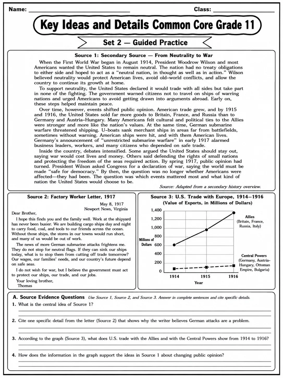 Key Ideas and Details Common Core Grade 11 page 4 printable Common Core ELA worksheet preview