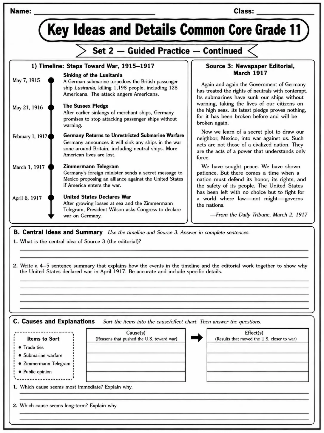 Key Ideas and Details Common Core Grade 11 page 5 printable Common Core ELA worksheet preview