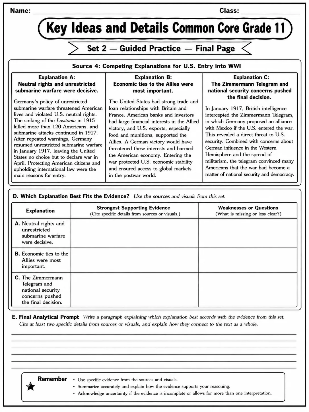 Key Ideas and Details Common Core Grade 11 page 6 printable Common Core ELA worksheet preview