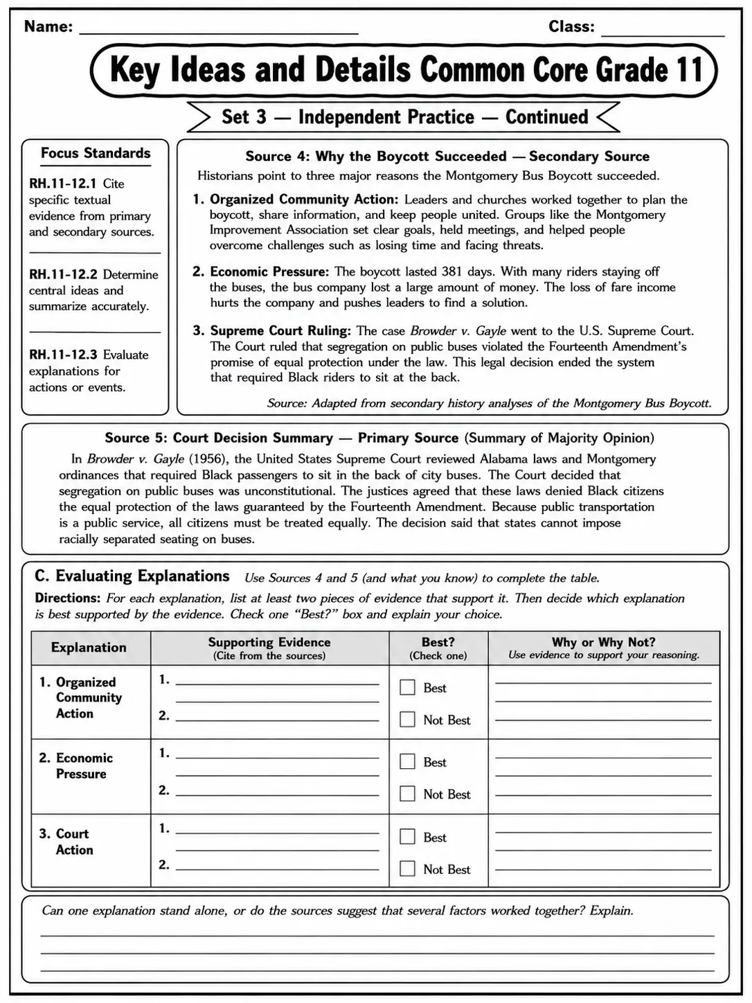 Key Ideas and Details Common Core Grade 11 page 9 printable Common Core ELA worksheet preview