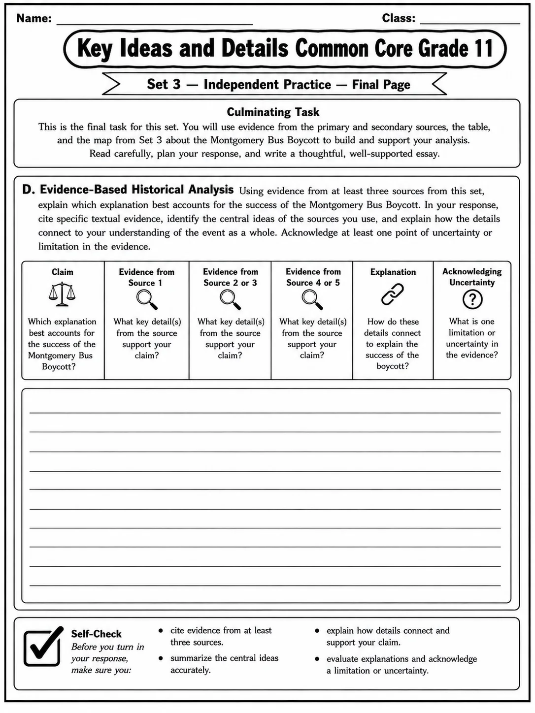 Key Ideas and Details Common Core Grade 11 page 10 printable Common Core ELA worksheet preview