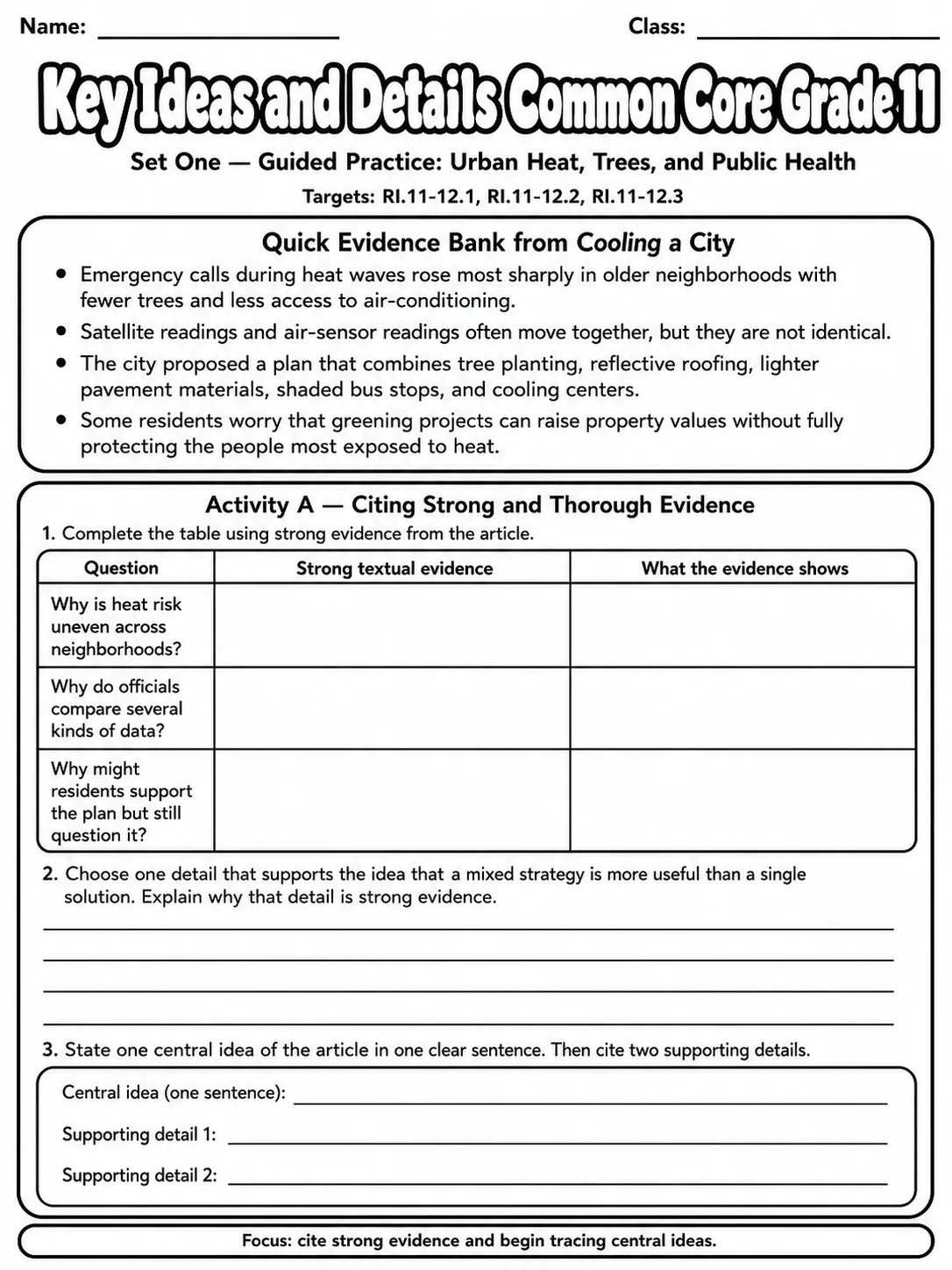 Key Ideas and Details Common Core Grade 11 page 2 printable Common Core ELA worksheet preview
