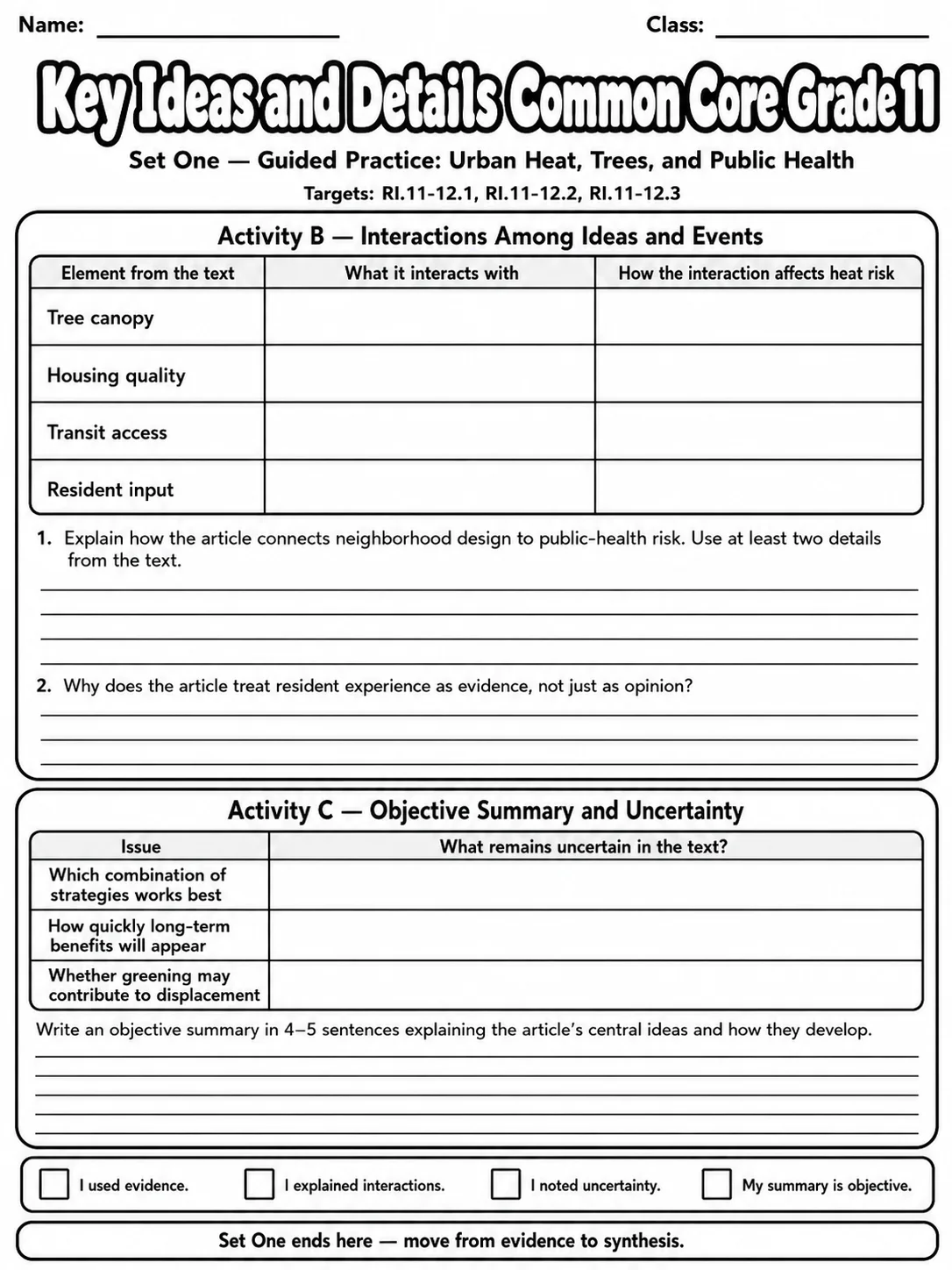 Key Ideas and Details Common Core Grade 11 page 3 printable Common Core ELA worksheet preview