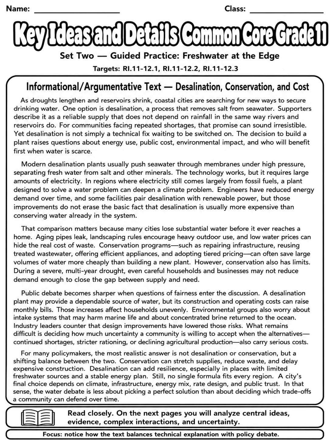 Key Ideas and Details Common Core Grade 11 page 4 printable Common Core ELA worksheet preview