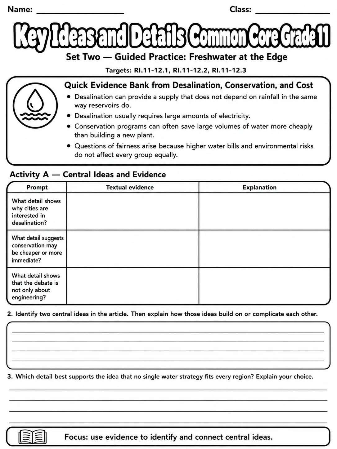 Key Ideas and Details Common Core Grade 11 page 5 printable Common Core ELA worksheet preview