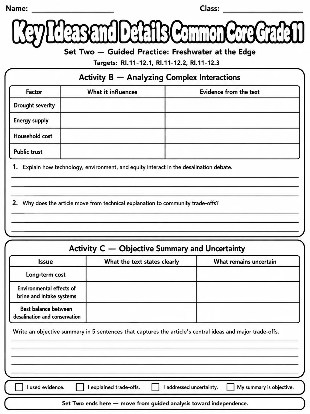 Key Ideas and Details Common Core Grade 11 page 6 printable Common Core ELA worksheet preview