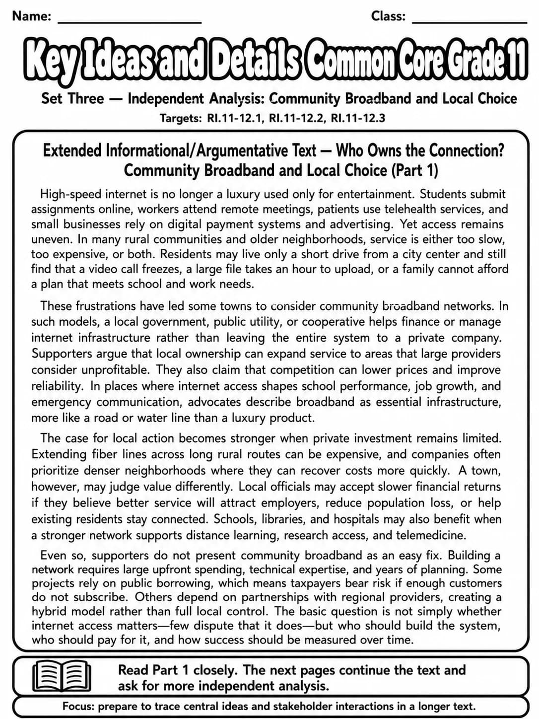 Key Ideas and Details Common Core Grade 11 page 7 printable Common Core ELA worksheet preview
