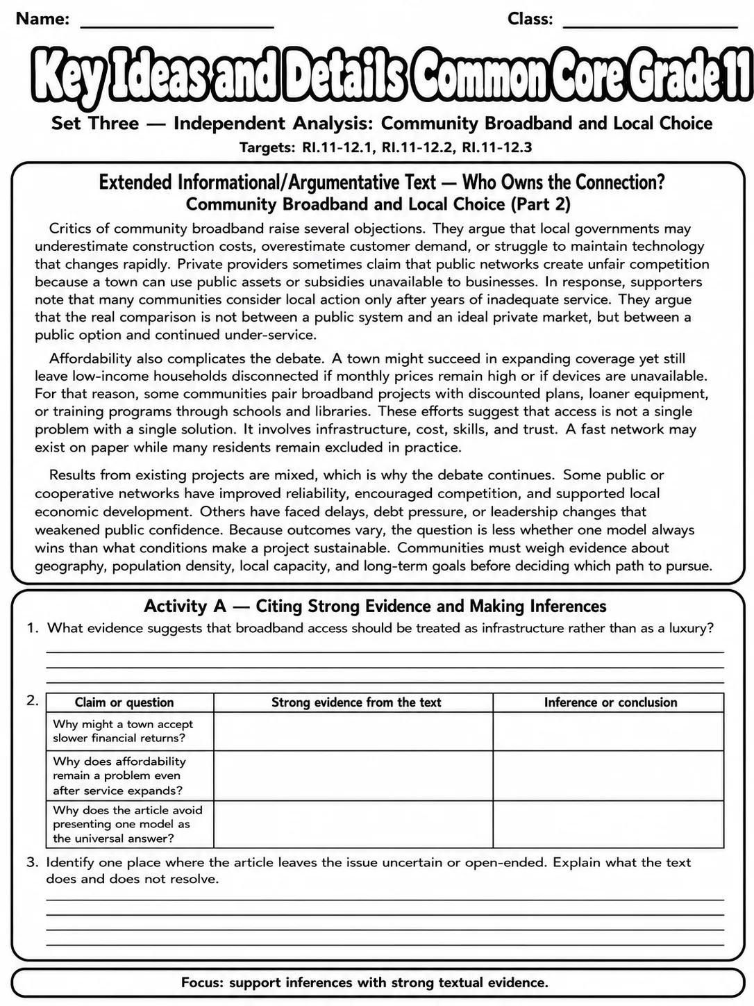 Key Ideas and Details Common Core Grade 11 page 8 printable Common Core ELA worksheet preview