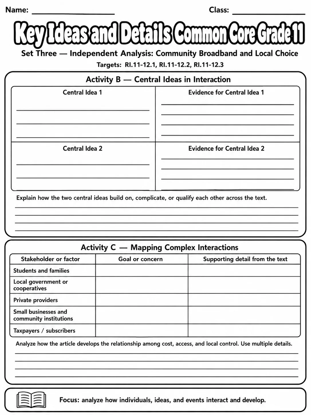 Key Ideas and Details Common Core Grade 11 page 9 printable Common Core ELA worksheet preview