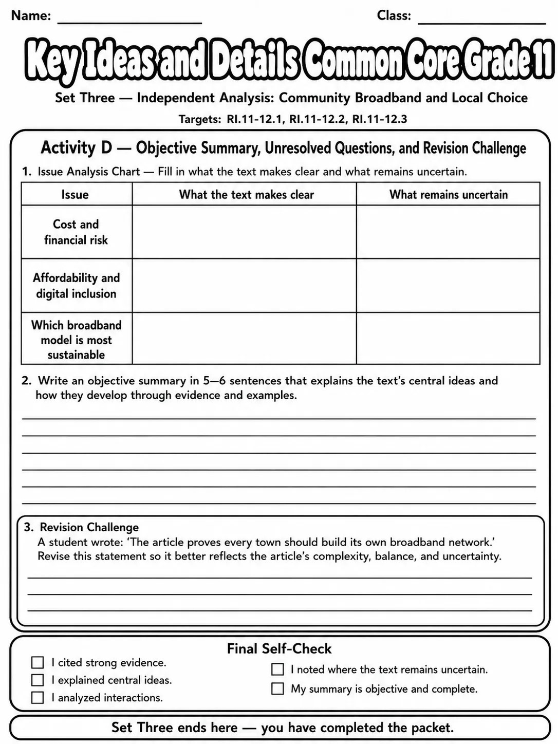 Key Ideas and Details Common Core Grade 11 page 10 printable Common Core ELA worksheet preview