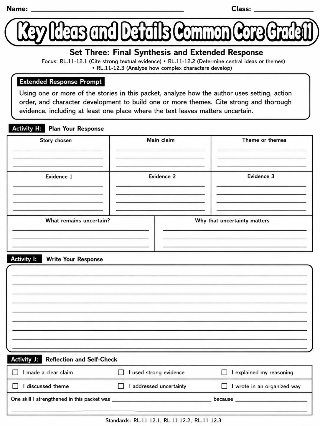 Key Ideas and Details Common Core Grade 11 page 2 printable Common Core ELA worksheet preview