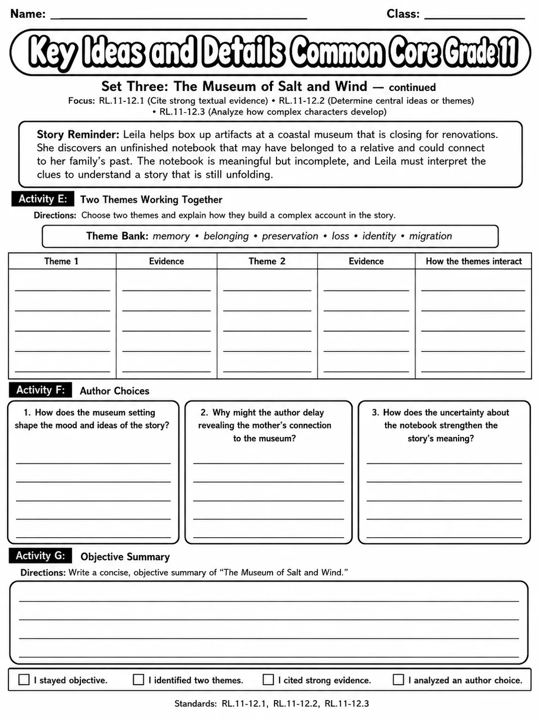 Key Ideas and Details Common Core Grade 11 page 3 printable Common Core ELA worksheet preview