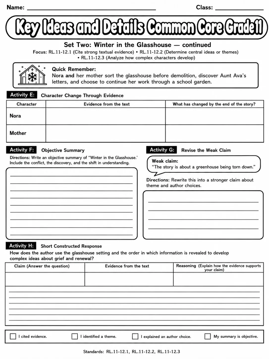 Key Ideas and Details Common Core Grade 11 page 5 printable Common Core ELA worksheet preview