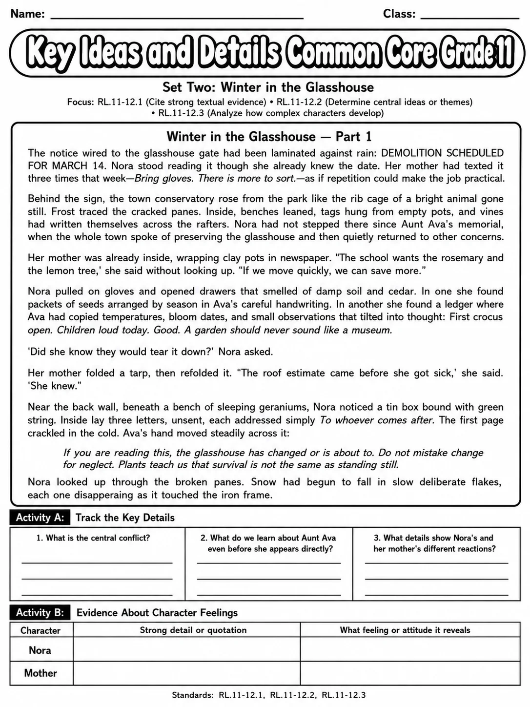 Key Ideas and Details Common Core Grade 11 page 6 printable Common Core ELA worksheet preview