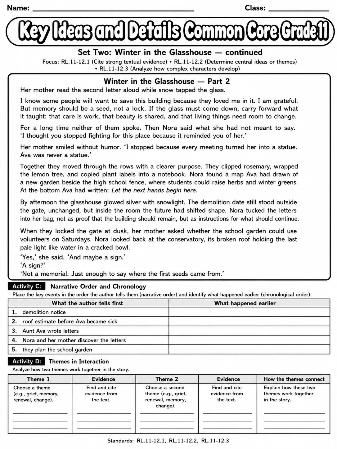 Key Ideas and Details Common Core Grade 11 page 7 printable Common Core ELA worksheet preview