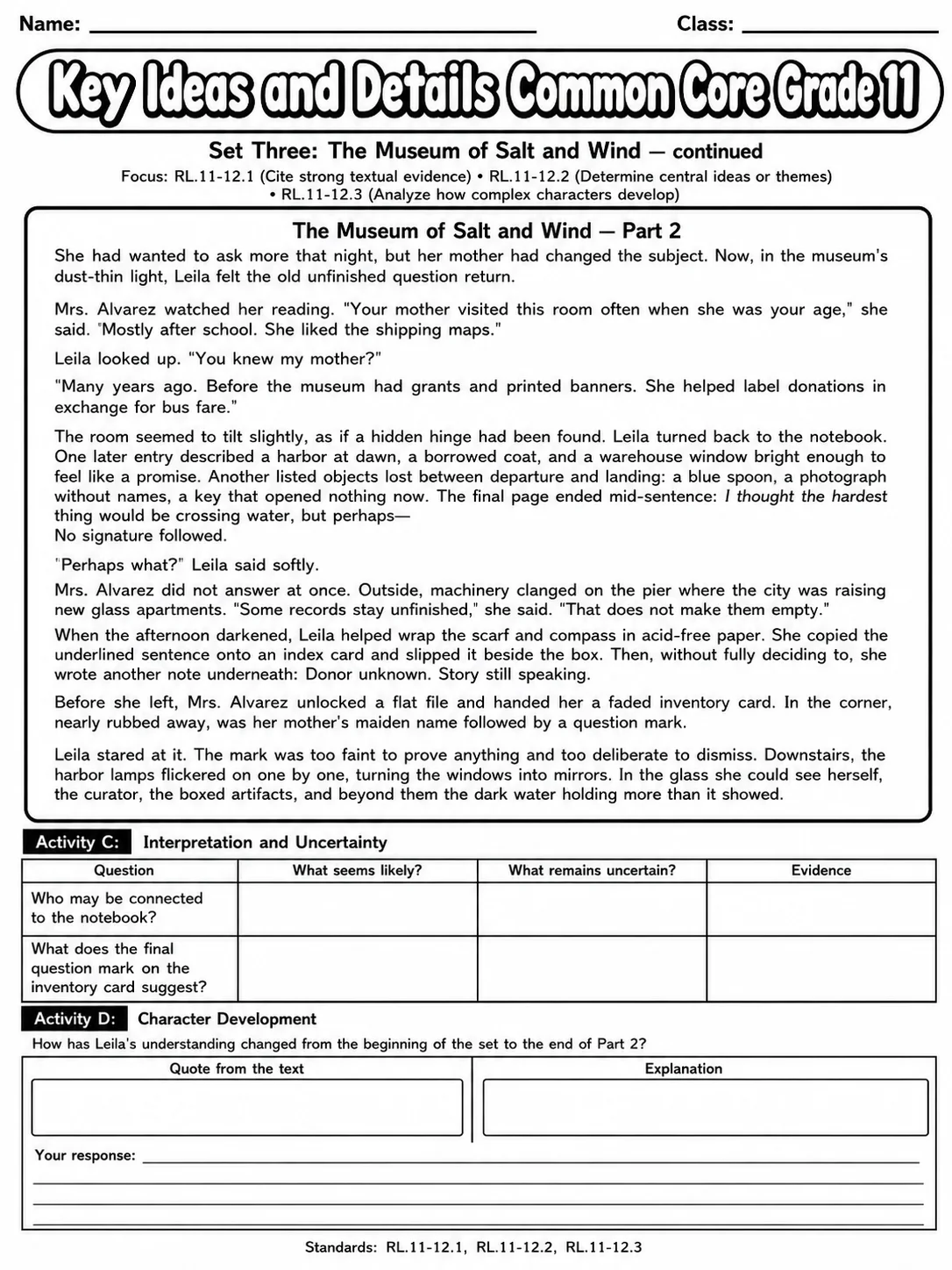 Key Ideas and Details Common Core Grade 11 page 8 printable Common Core ELA worksheet preview