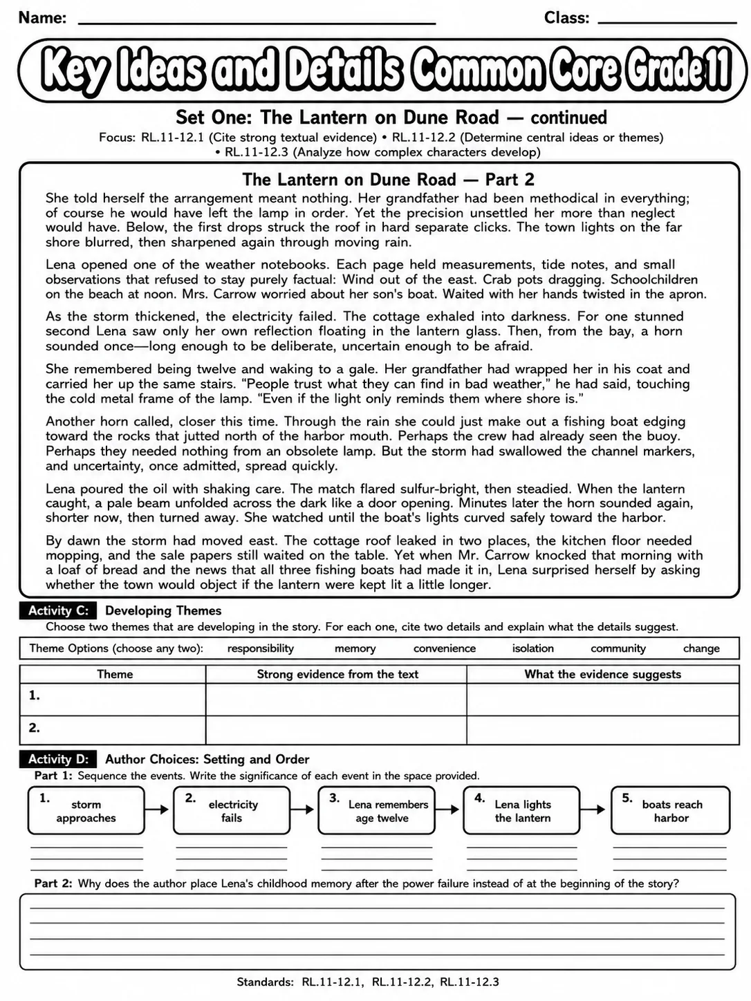 Key Ideas and Details Common Core Grade 11 page 9 printable Common Core ELA worksheet preview