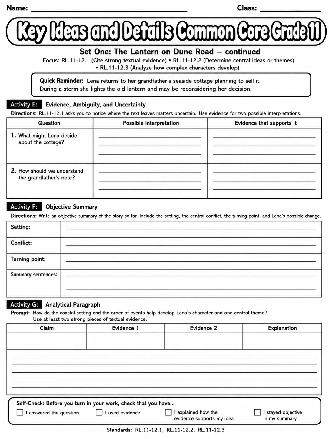 Key Ideas and Details Common Core Grade 11 page 10 printable Common Core ELA worksheet preview