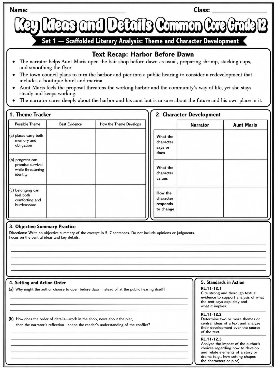 Key Ideas and Details Common Core Grade 12 page 2 printable Common Core ELA worksheet preview