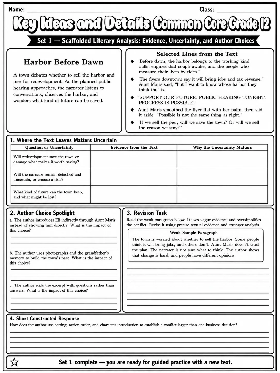 Key Ideas and Details Common Core Grade 12 page 3 printable Common Core ELA worksheet preview