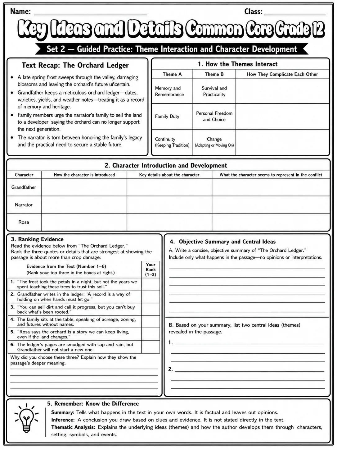 Key Ideas and Details Common Core Grade 12 page 5 printable Common Core ELA worksheet preview