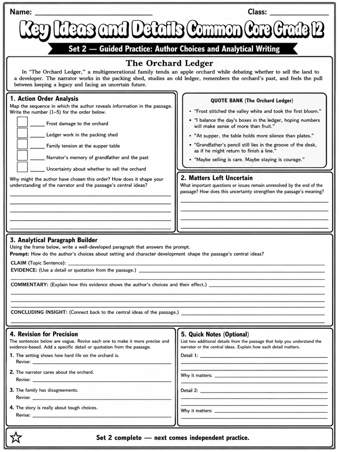 Key Ideas and Details Common Core Grade 12 page 6 printable Common Core ELA worksheet preview