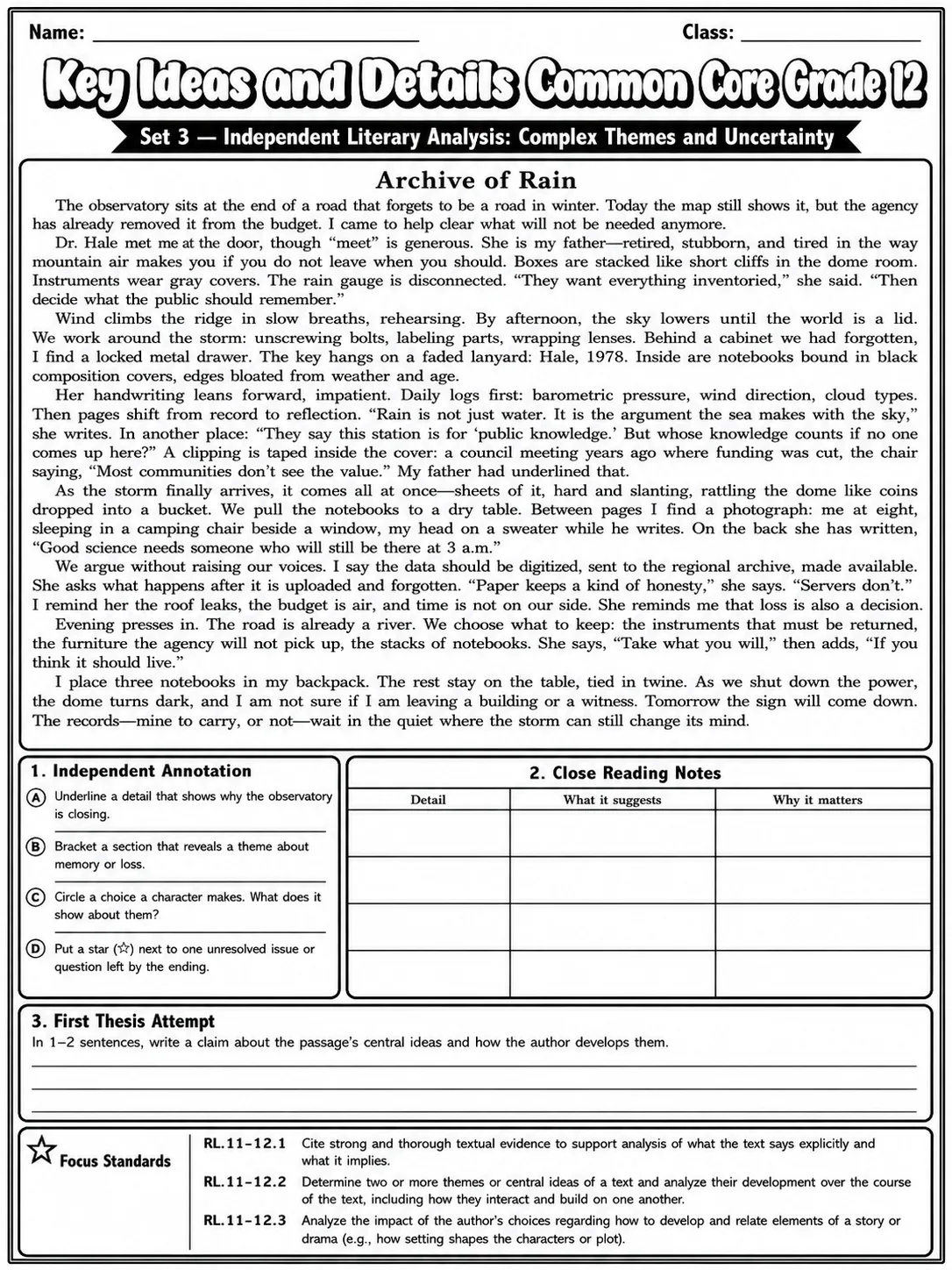 Key Ideas and Details Common Core Grade 12 page 7 printable Common Core ELA worksheet preview