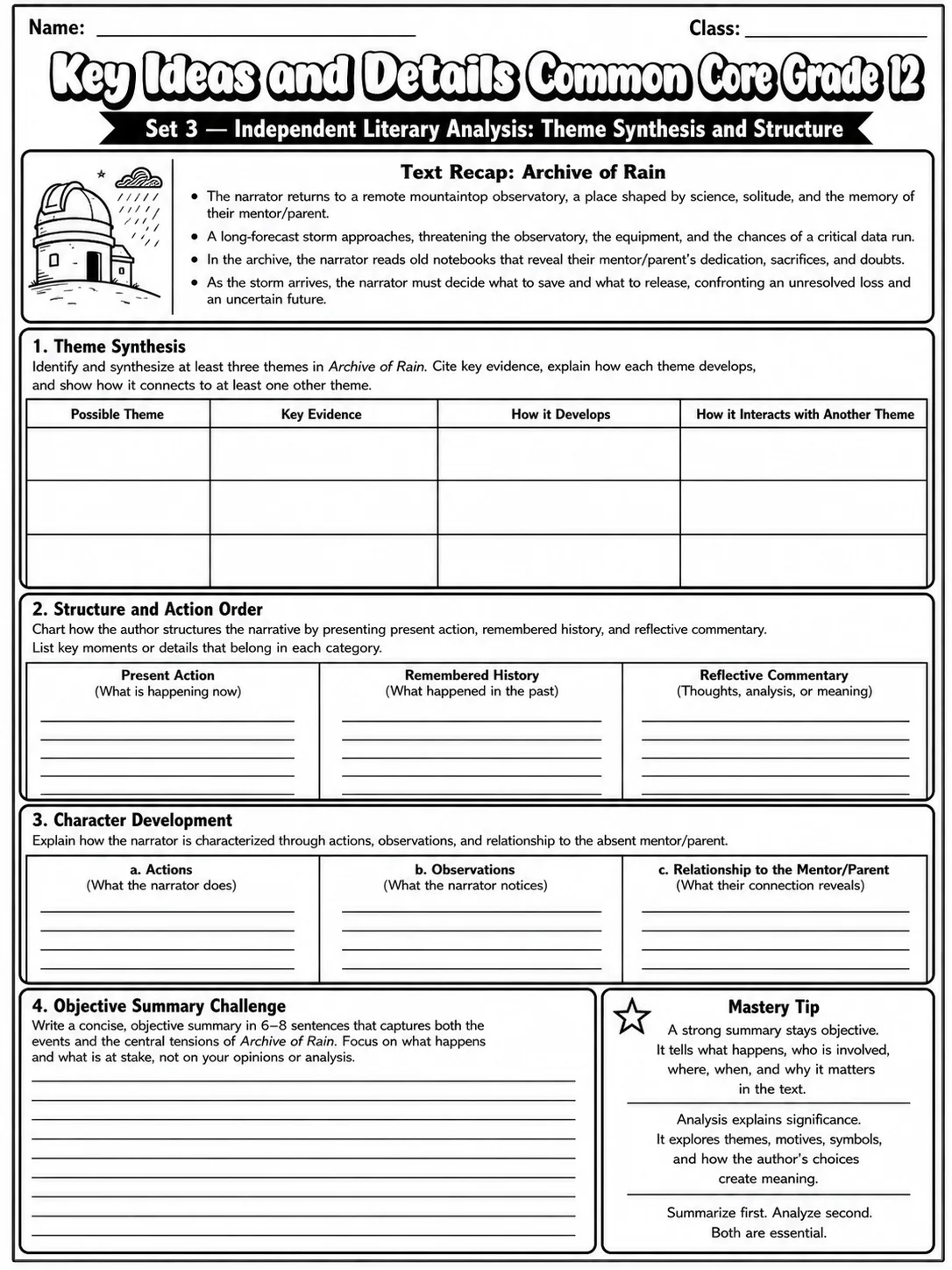 Key Ideas and Details Common Core Grade 12 page 8 printable Common Core ELA worksheet preview