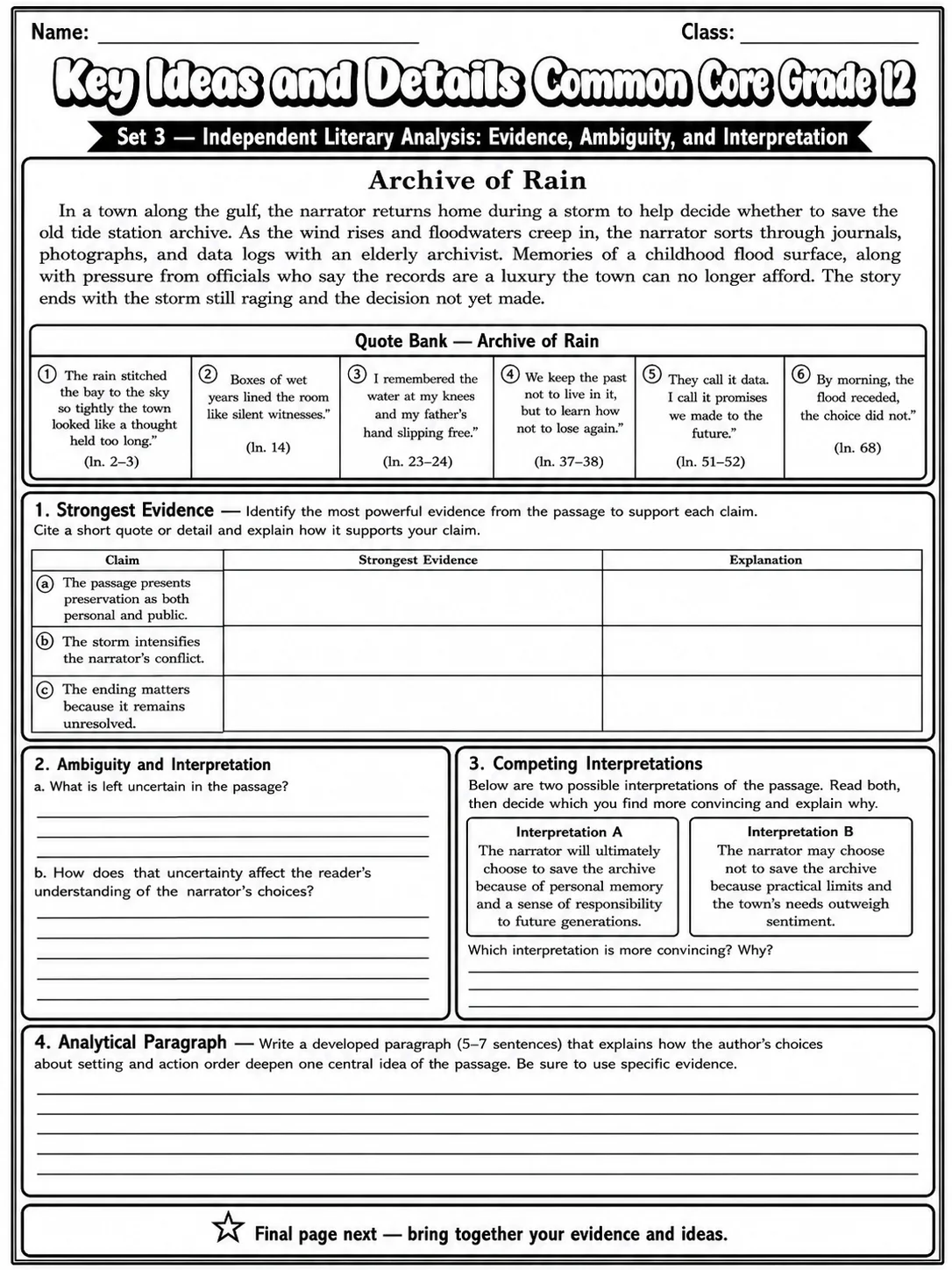 Key Ideas and Details Common Core Grade 12 page 9 printable Common Core ELA worksheet preview