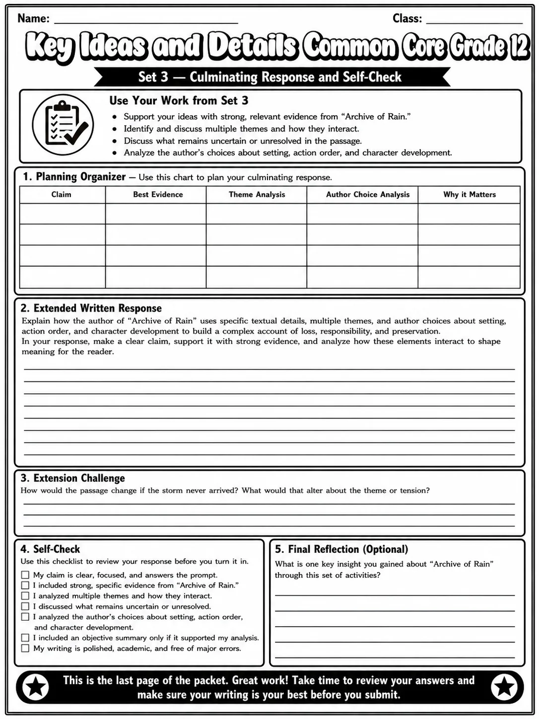 Key Ideas and Details Common Core Grade 12 page 10 printable Common Core ELA worksheet preview