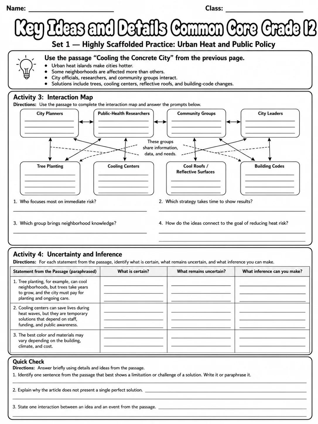 Key Ideas and Details Common Core Grade 12 page 2 printable Common Core ELA worksheet preview