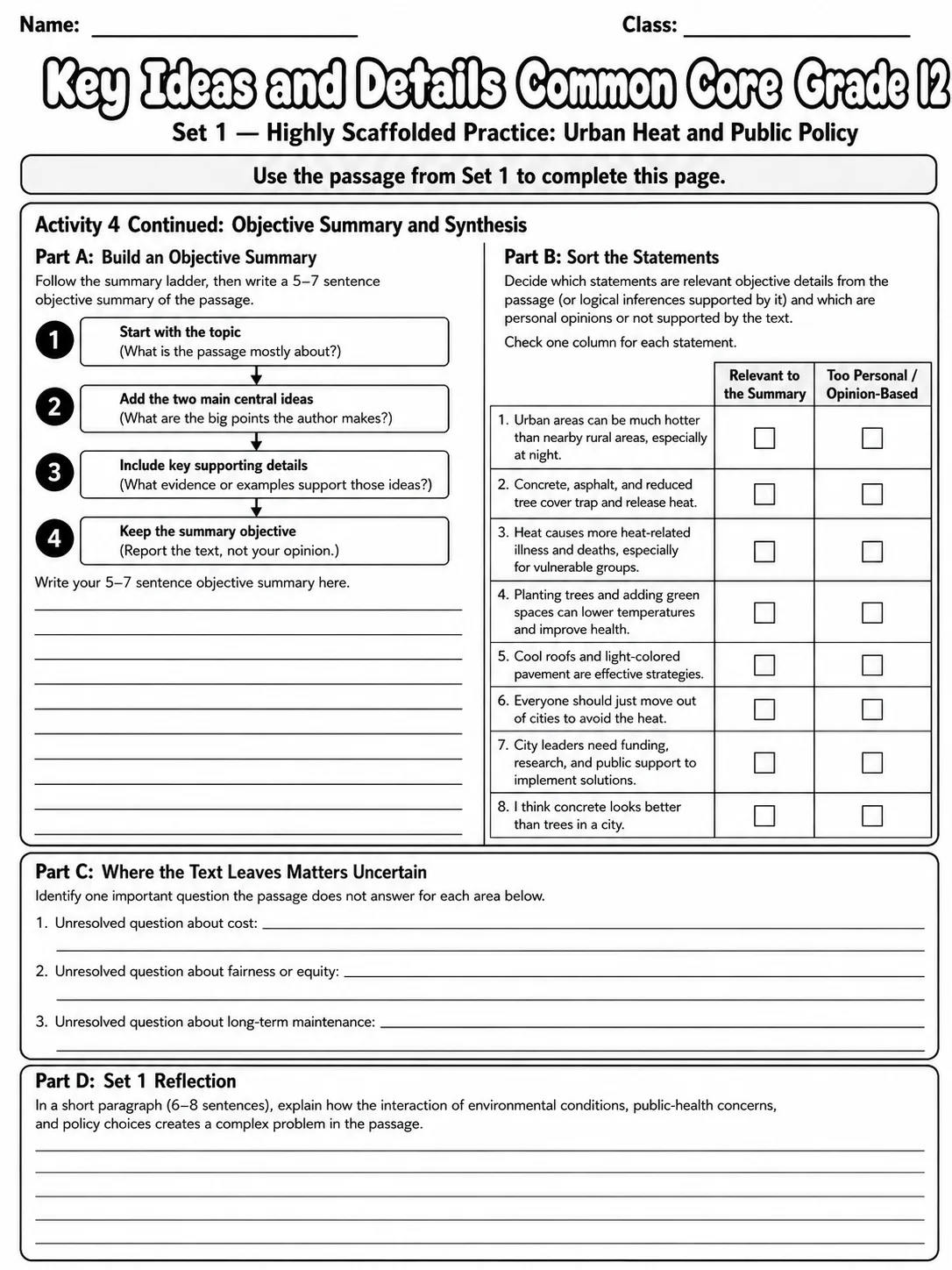 Key Ideas and Details Common Core Grade 12 page 3 printable Common Core ELA worksheet preview