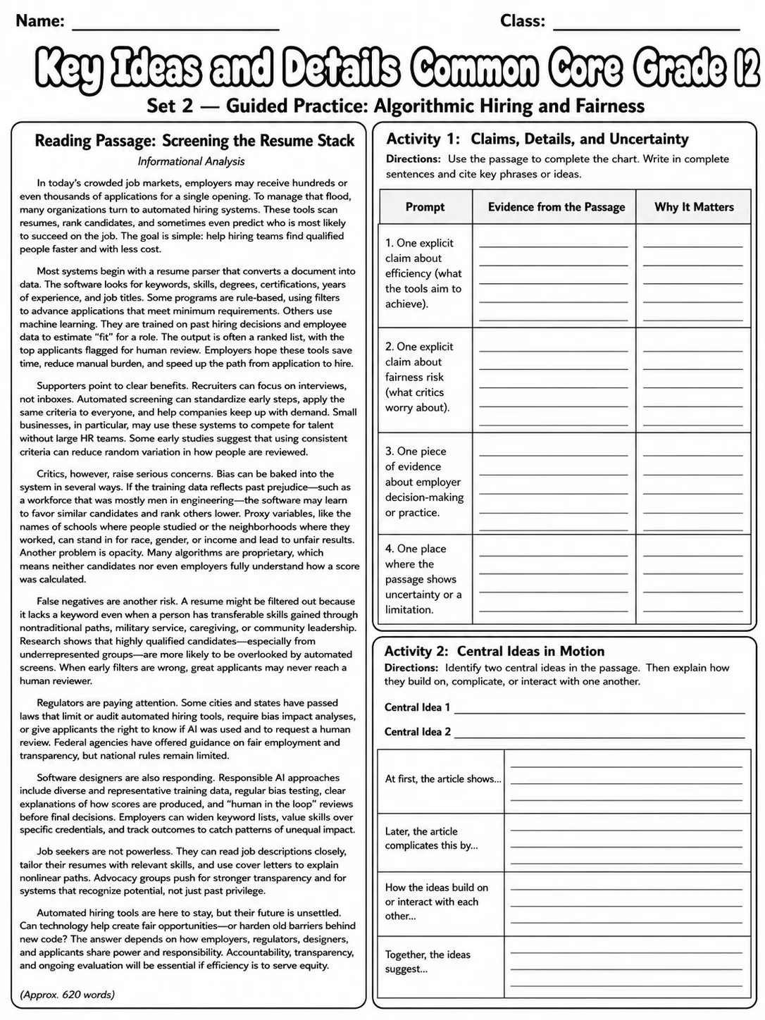 Key Ideas and Details Common Core Grade 12 page 4 printable Common Core ELA worksheet preview