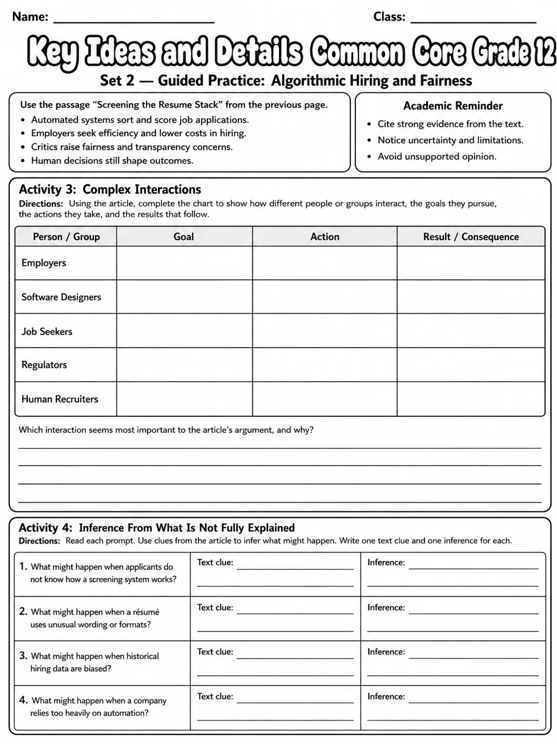 Key Ideas and Details Common Core Grade 12 page 5 printable Common Core ELA worksheet preview