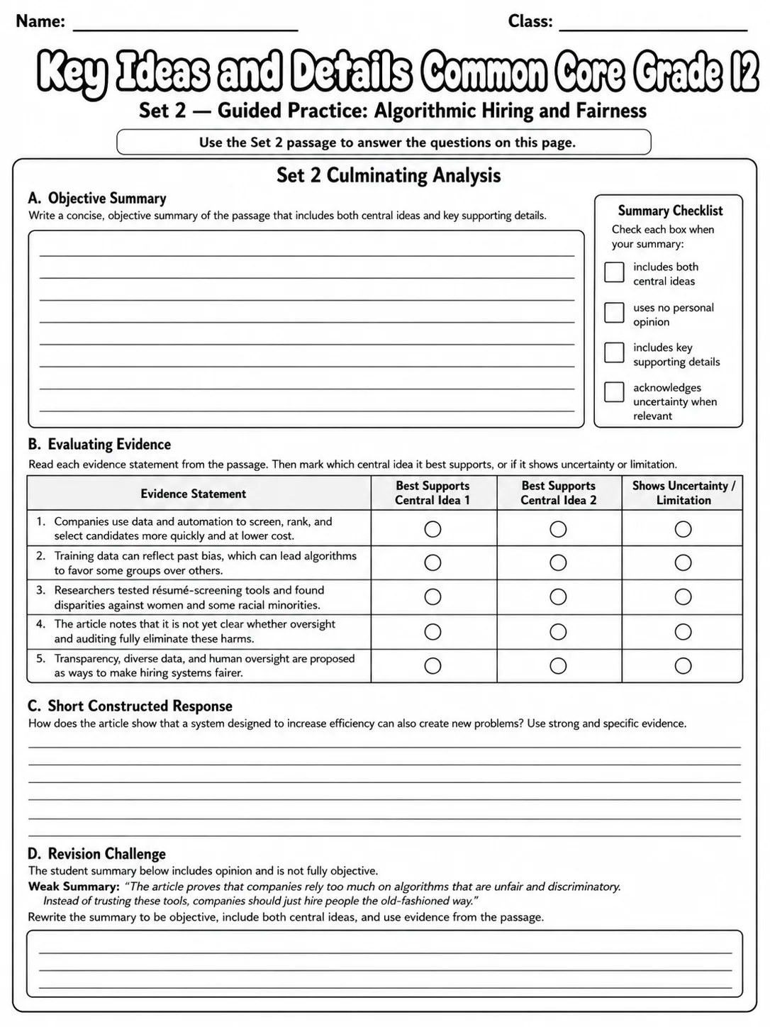 Key Ideas and Details Common Core Grade 12 page 6 printable Common Core ELA worksheet preview