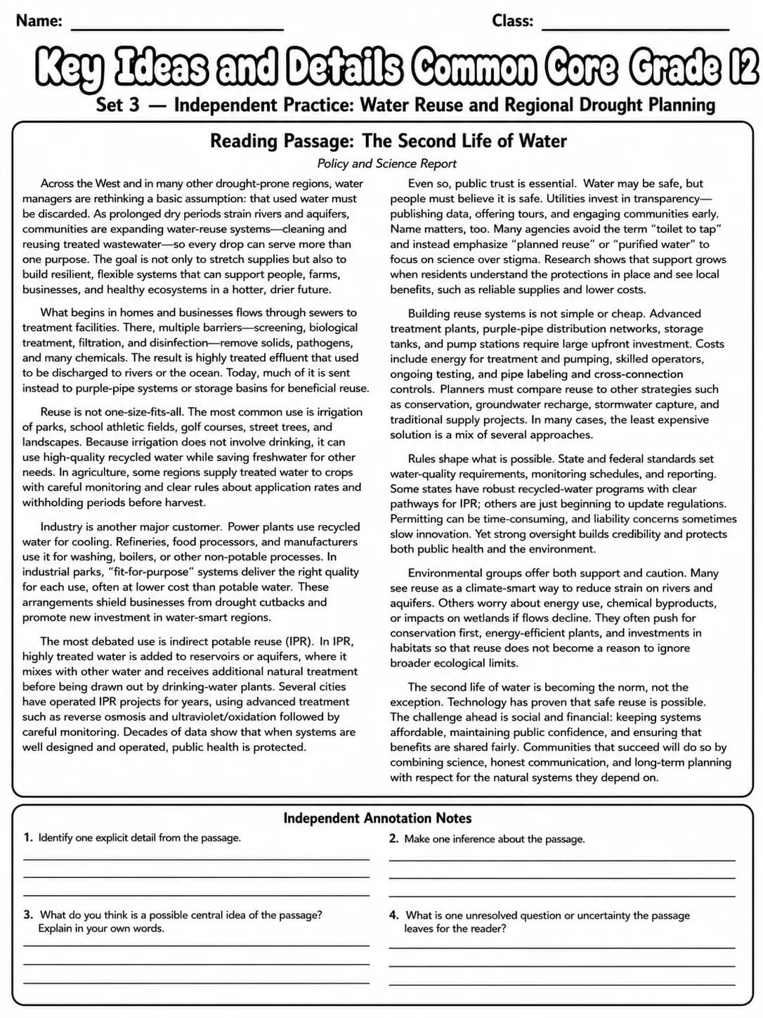 Key Ideas and Details Common Core Grade 12 page 7 printable Common Core ELA worksheet preview