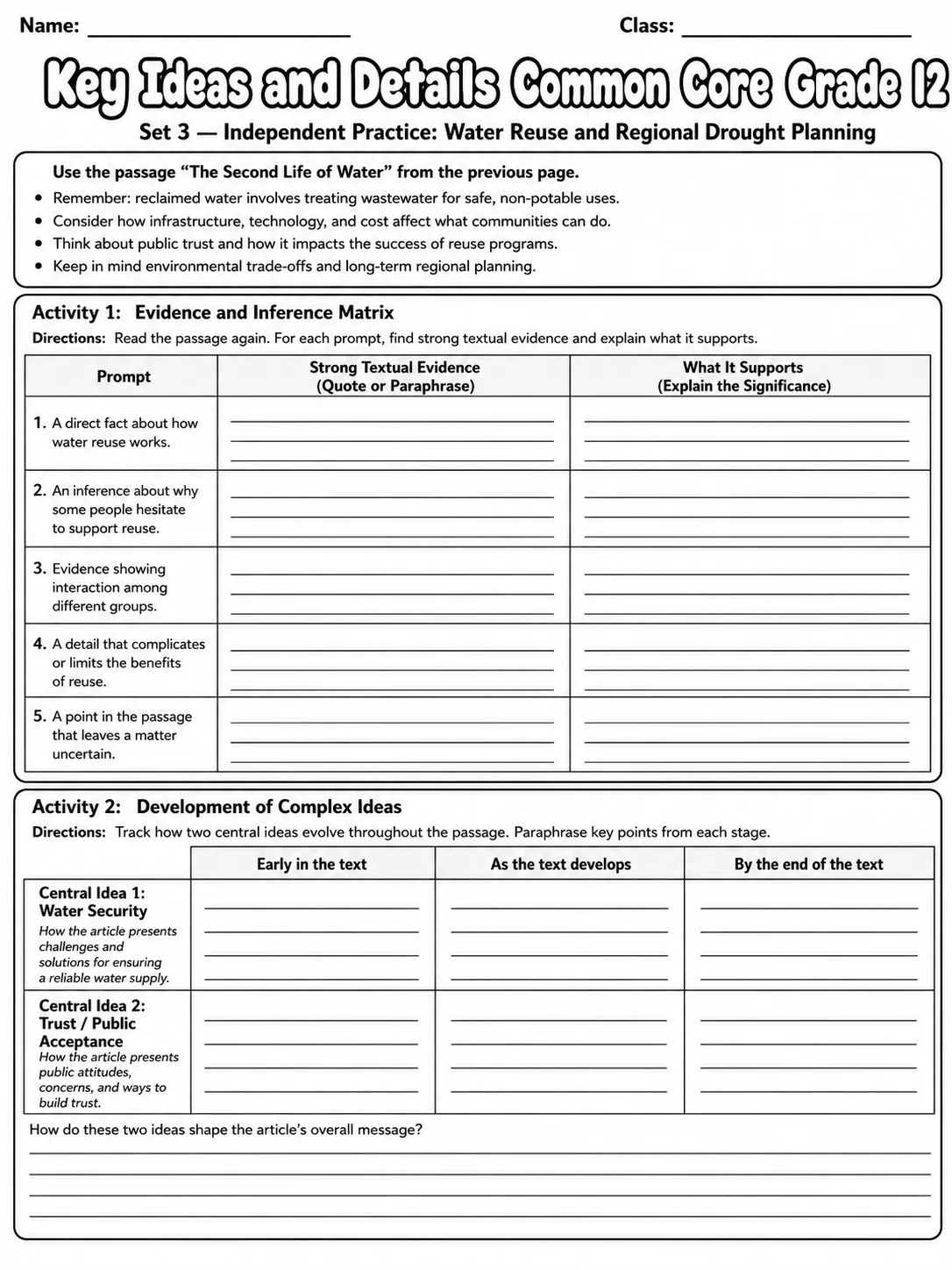Key Ideas and Details Common Core Grade 12 page 8 printable Common Core ELA worksheet preview