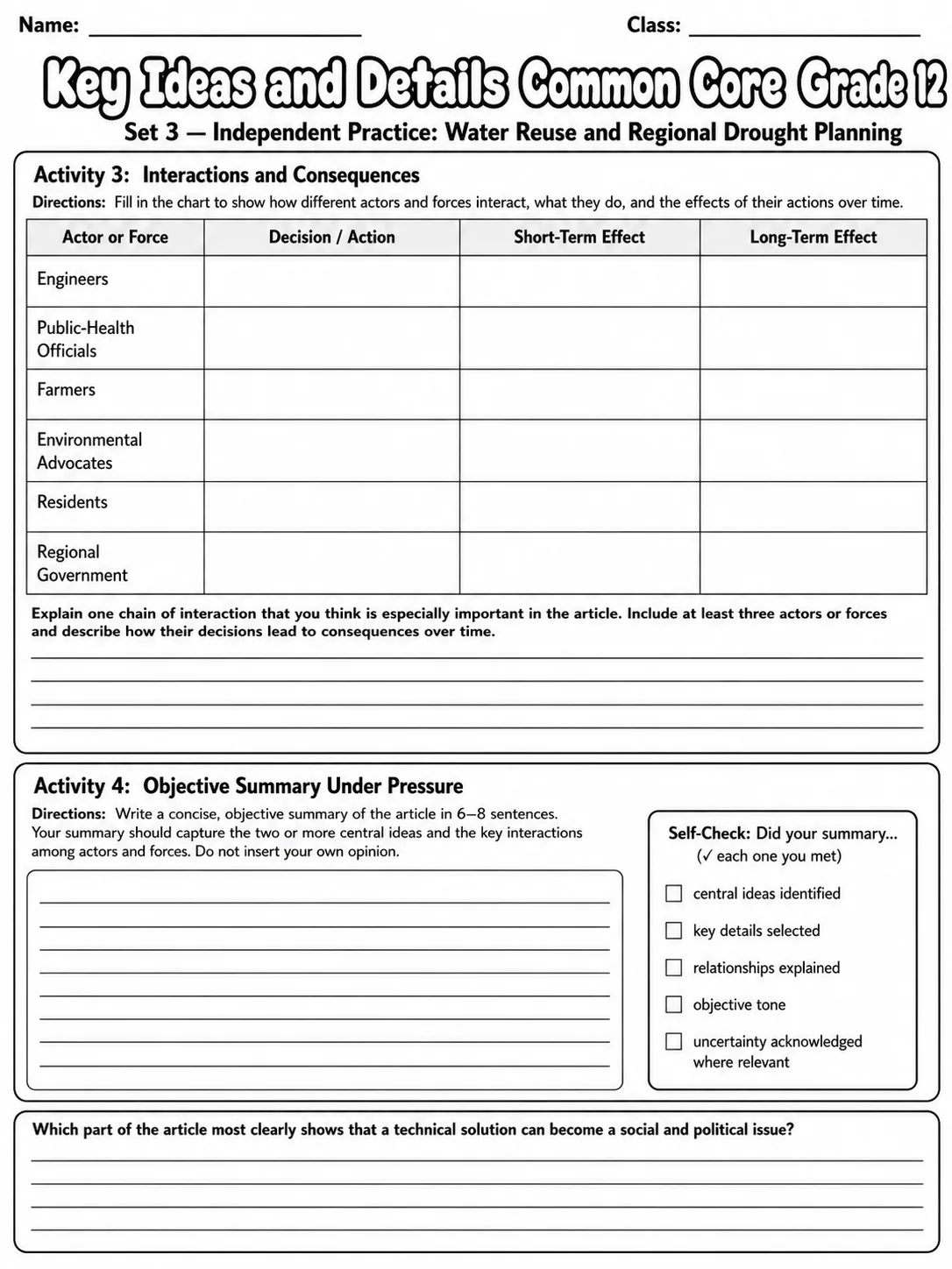 Key Ideas and Details Common Core Grade 12 page 9 printable Common Core ELA worksheet preview