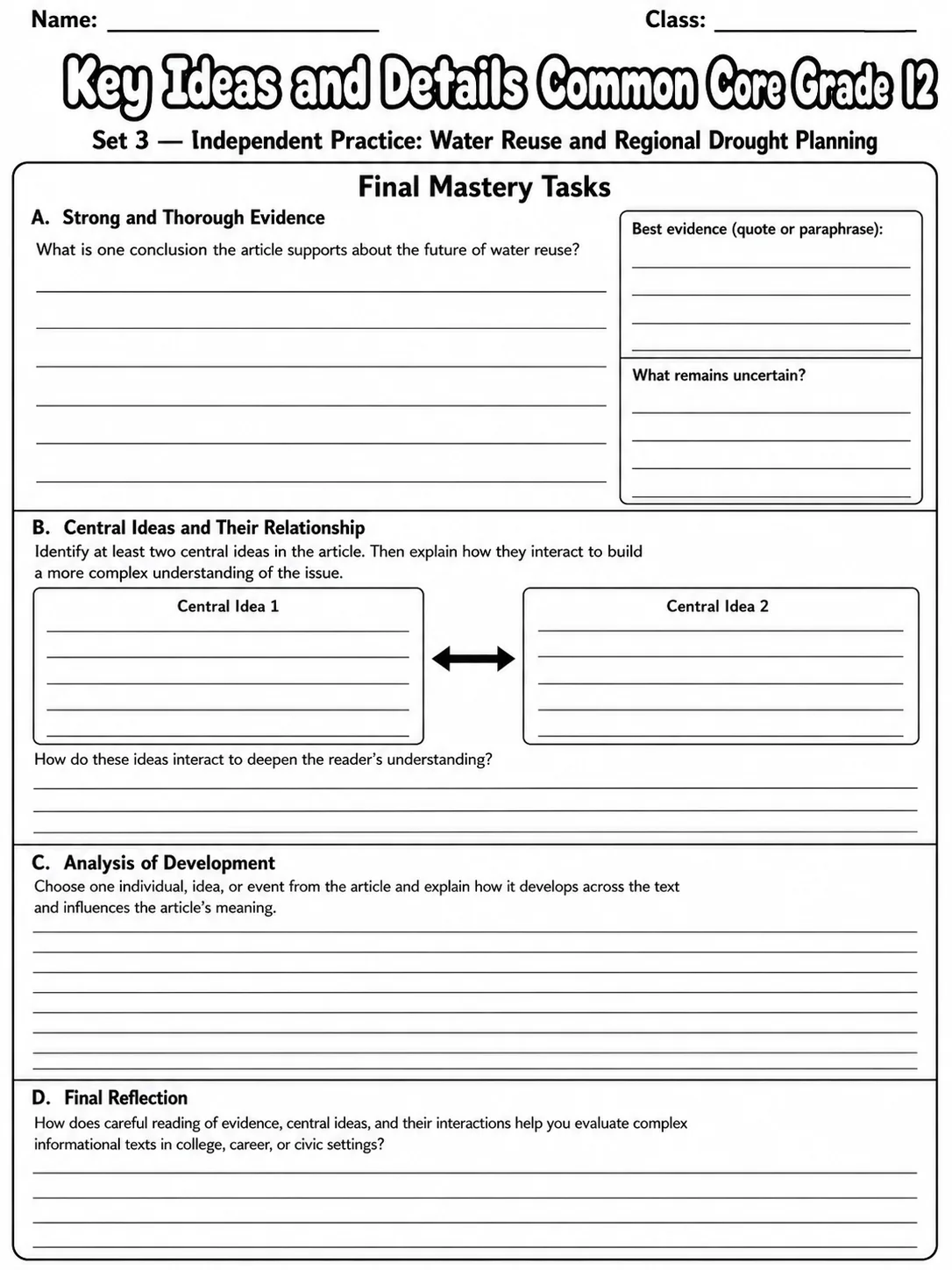 Key Ideas and Details Common Core Grade 12 page 10 printable Common Core ELA worksheet preview