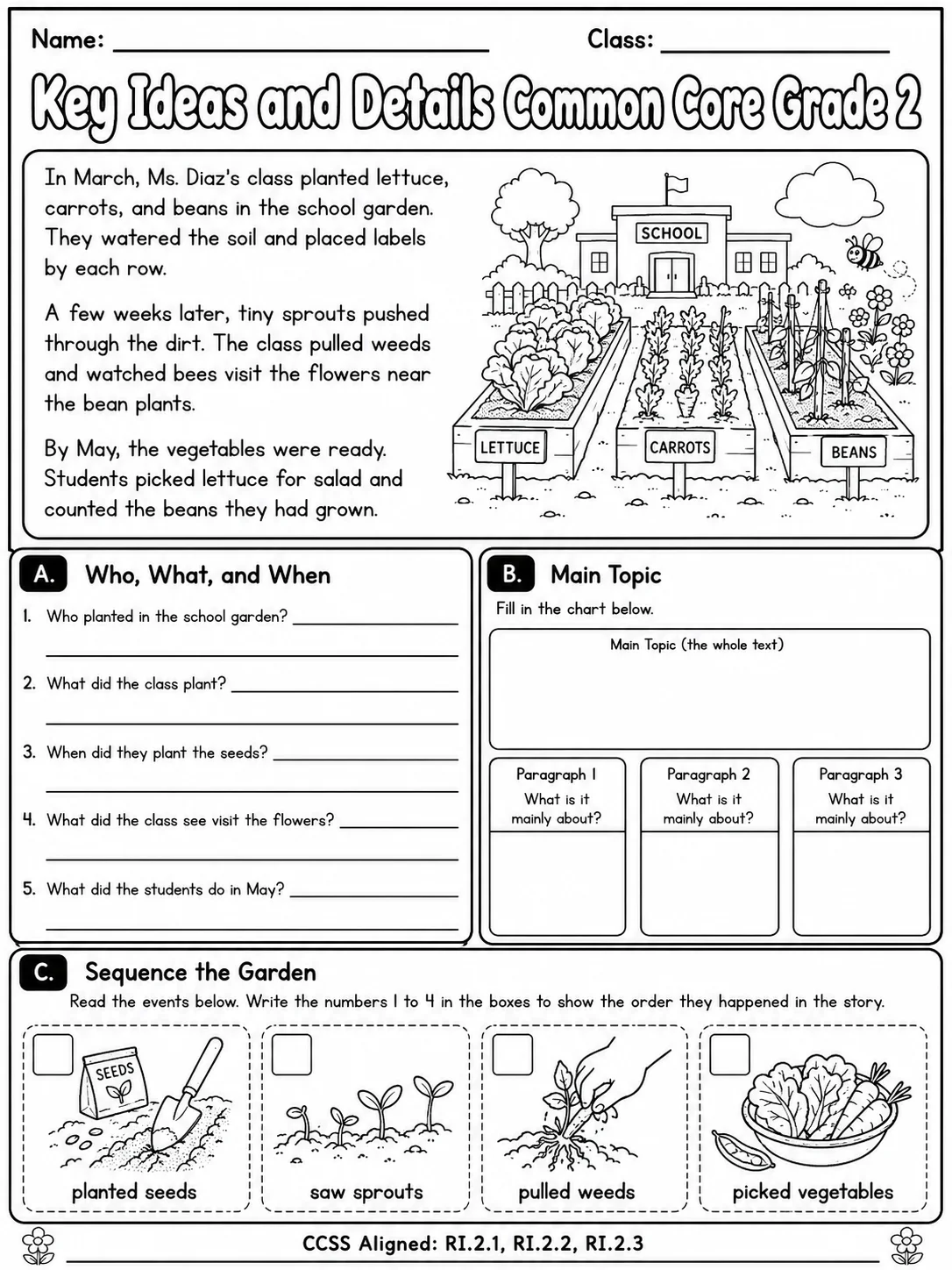 Key Ideas and Details Common Core Grade 2 page 2 printable Common Core ELA worksheet preview