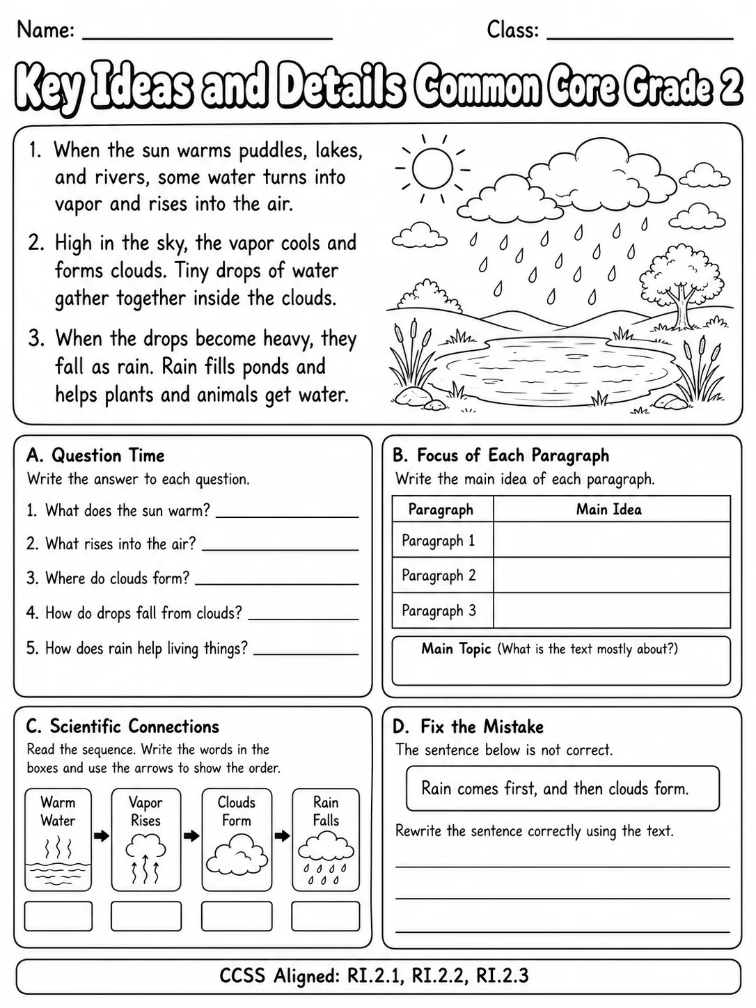 Key Ideas and Details Common Core Grade 2 page 6 printable Common Core ELA worksheet preview