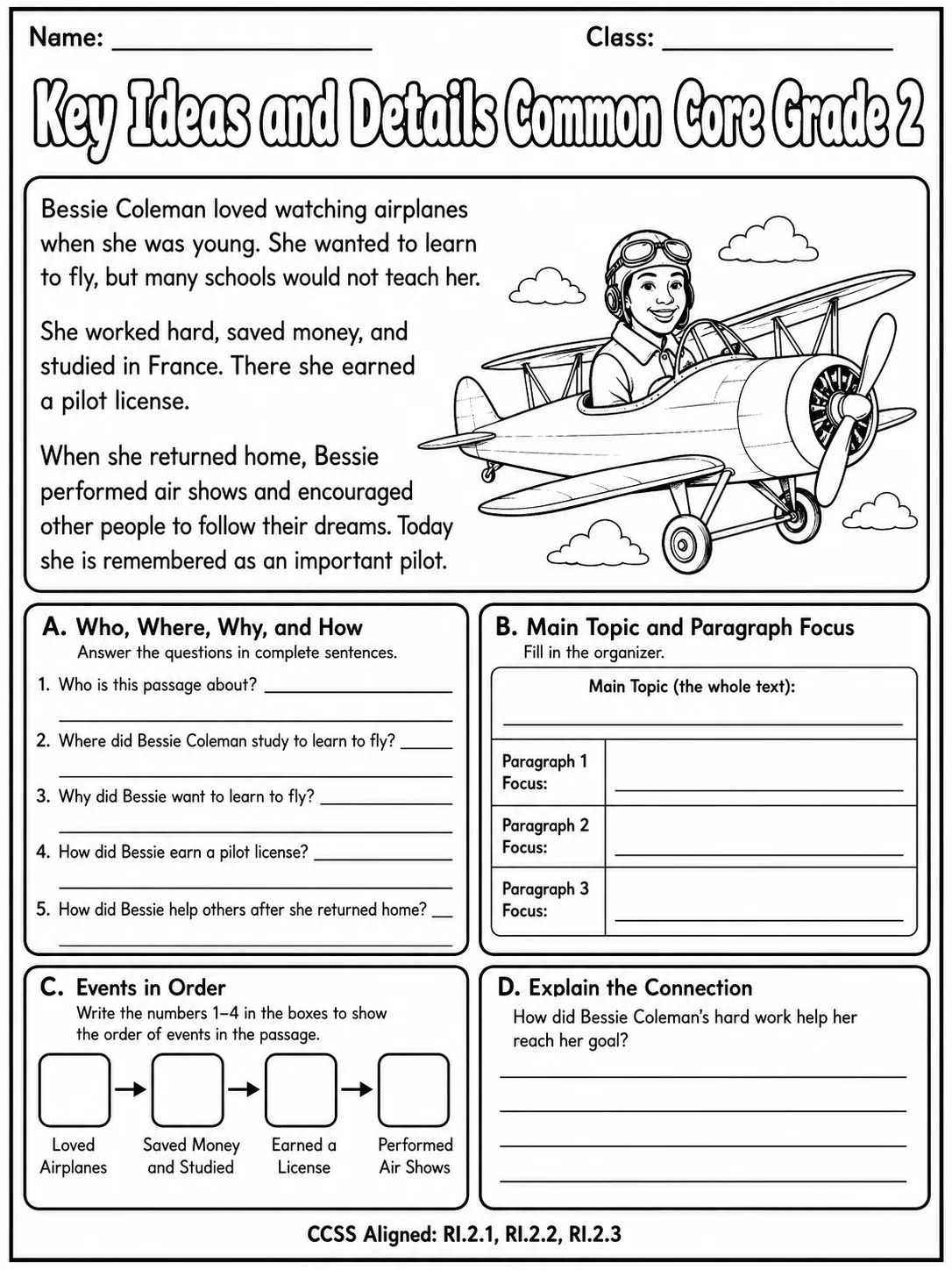 Key Ideas and Details Common Core Grade 2 page 7 printable Common Core ELA worksheet preview
