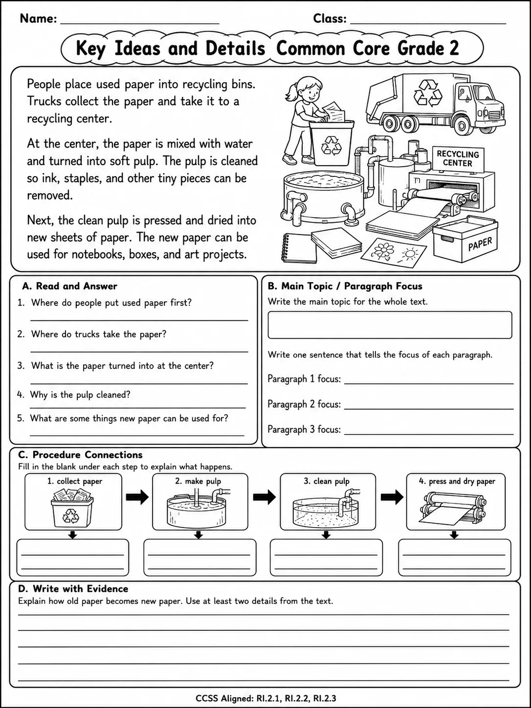 Key Ideas and Details Common Core Grade 2 page 8 printable Common Core ELA worksheet preview