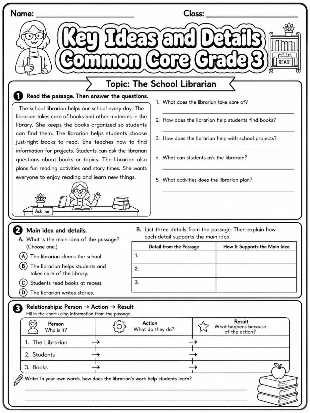 Key Ideas and Details Common Core Grade 3 printable Common Core ELA Grade 3 worksheet preview from KiwiBee